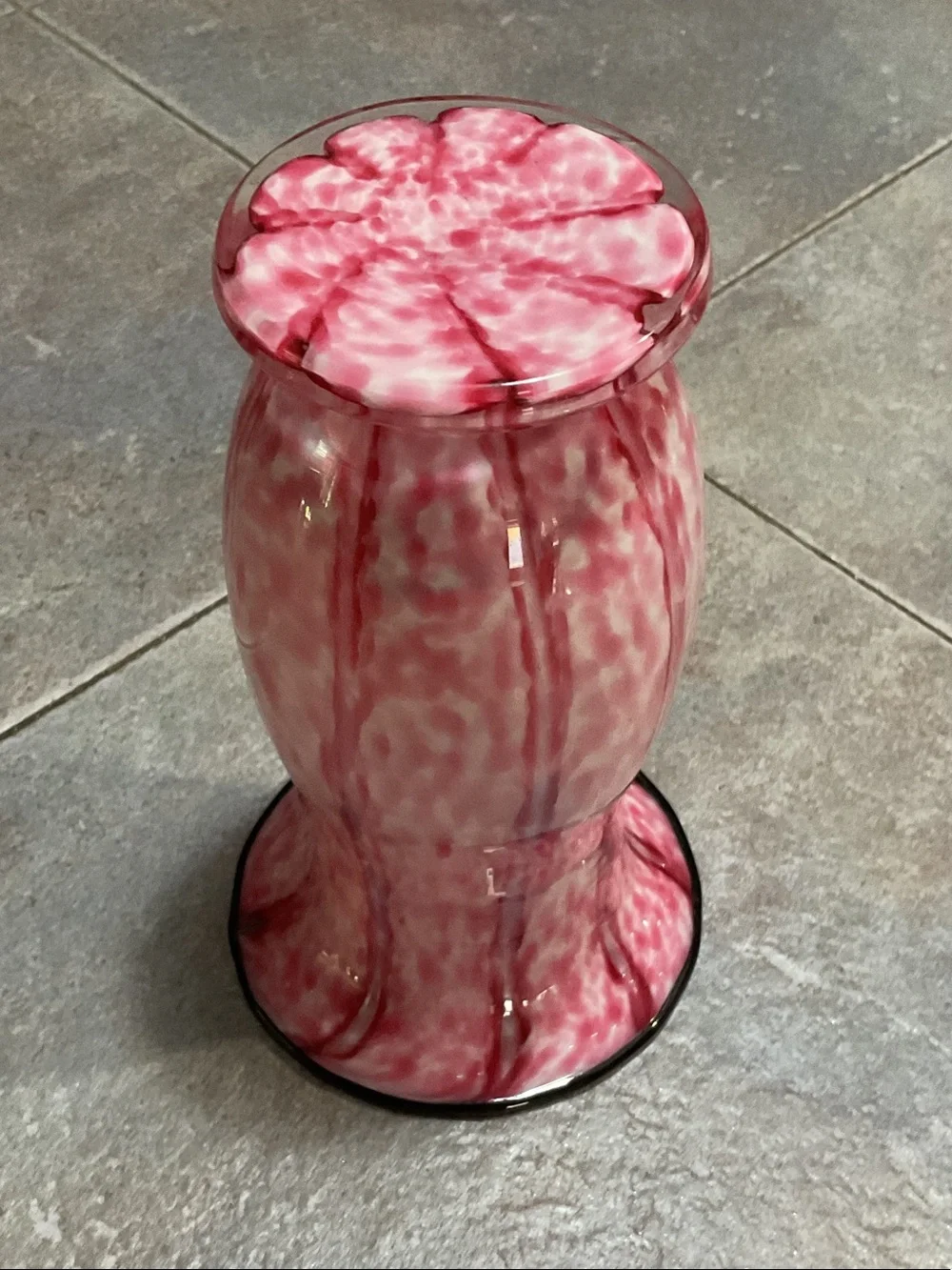 Hand-Blown Pink Art Glass Vase with Black Rim